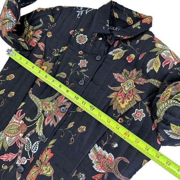 Silkland 100% Black Silk Floral Print Puffer Jacket Women’s Size Petite - Picture 6 of 11